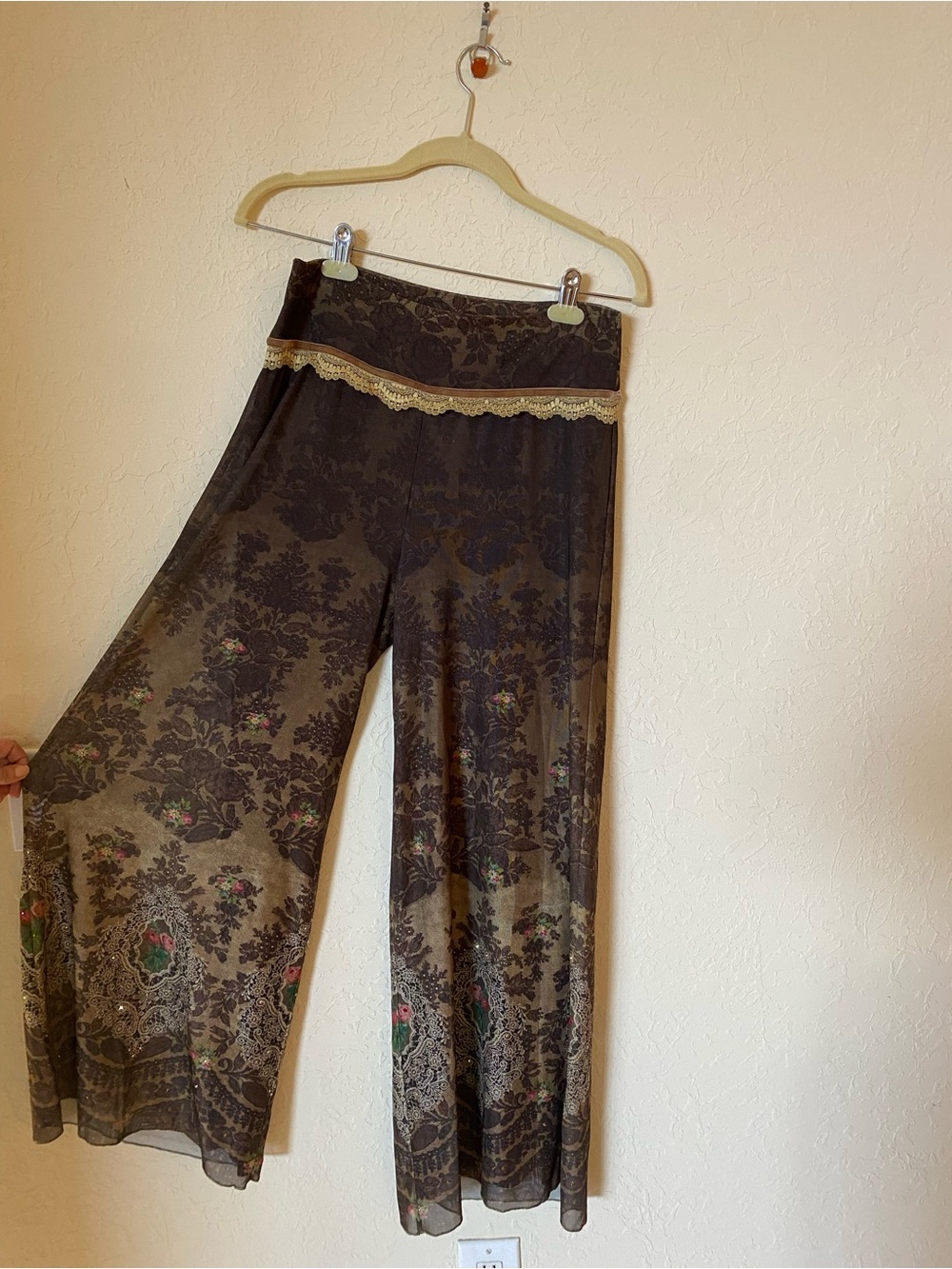 Michal Negrin Brown Sheer Wide-Leg Pants with Gold Lace Waist Trim